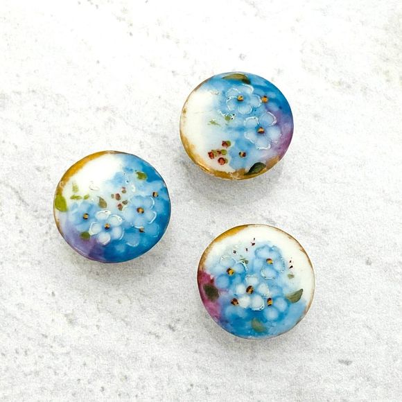 Set of Three Antique Hand Painted Porcelain Buttons Forget-Me-Nots Blue Round - Picture 1 of 8